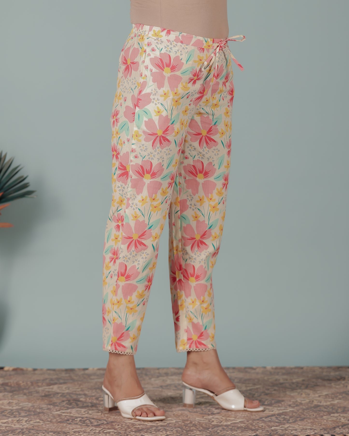 Soft Cotton Floral Cream Tapered Trousers