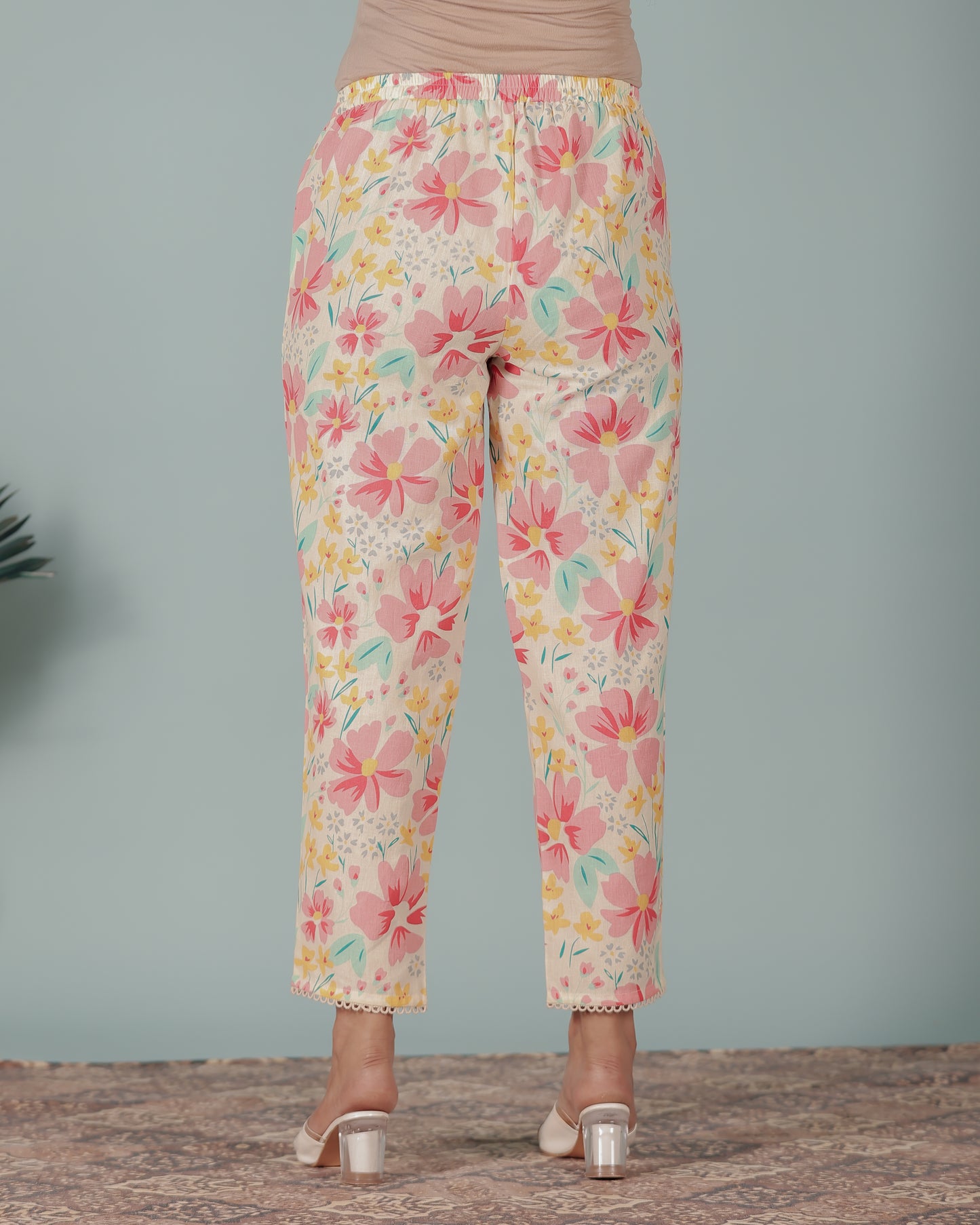 Soft Cotton Floral Cream Tapered Trousers