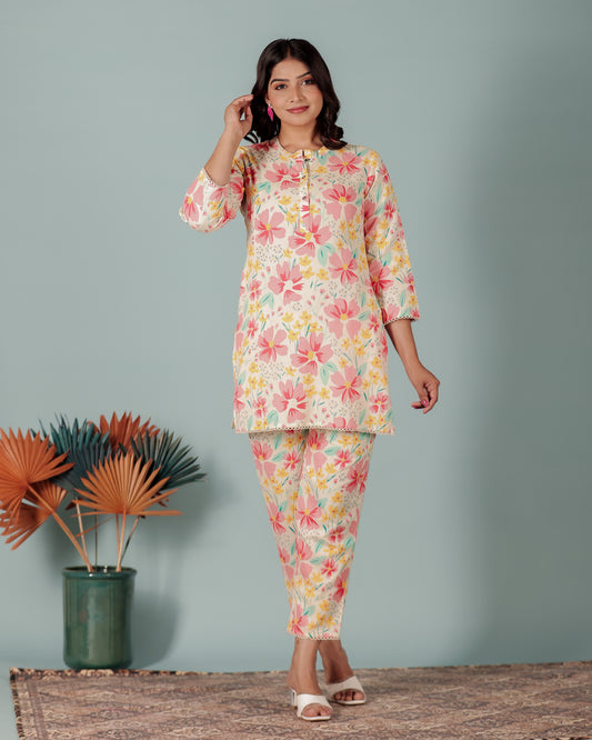 Soft Cotton Floral Straight Cream Kurta