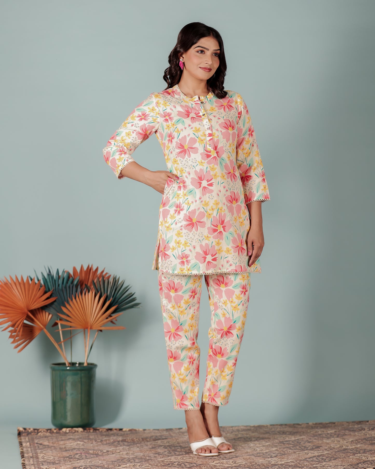 Soft Cotton Floral Straight Cream Kurta