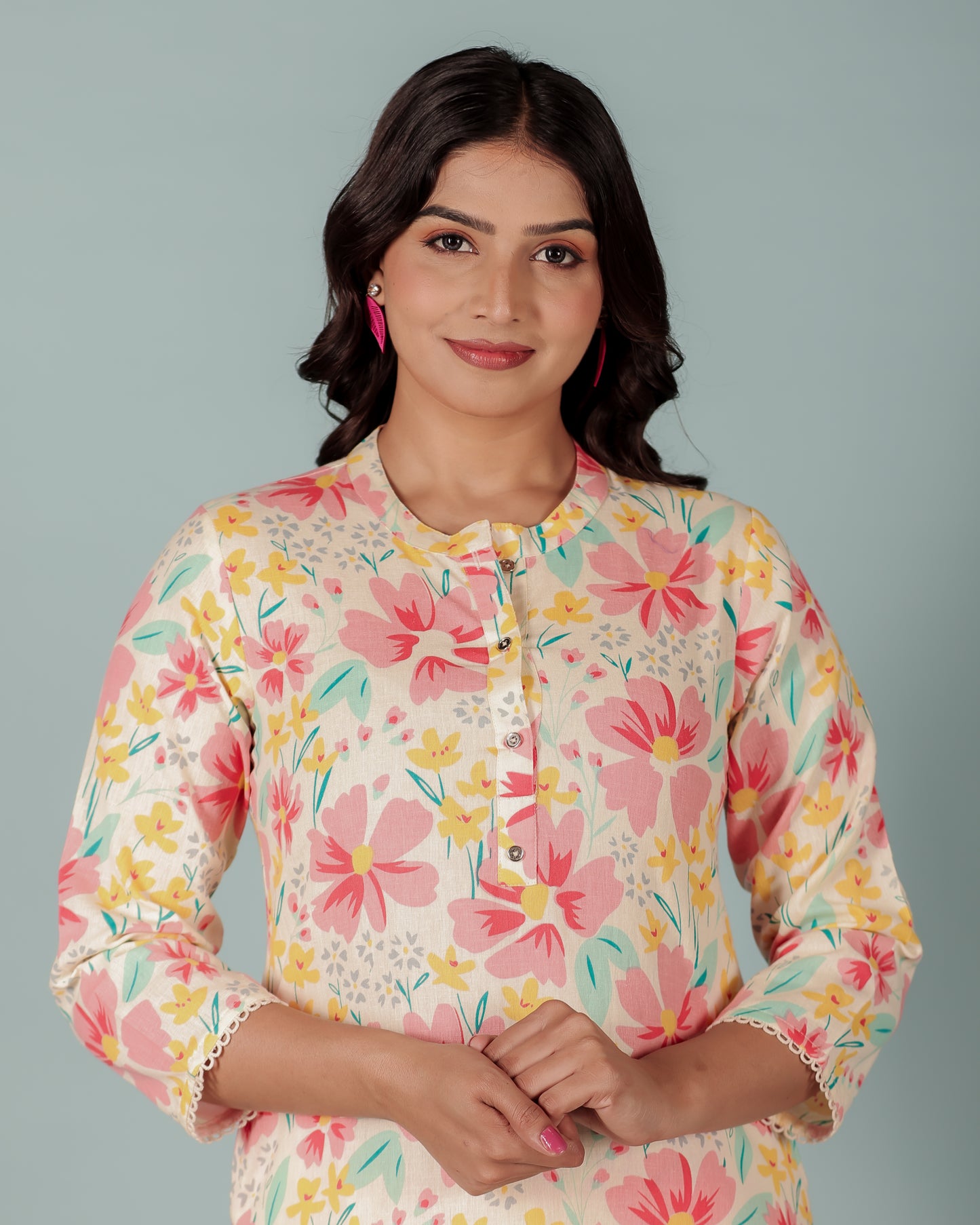 Soft Cotton Floral Straight Cream Kurta