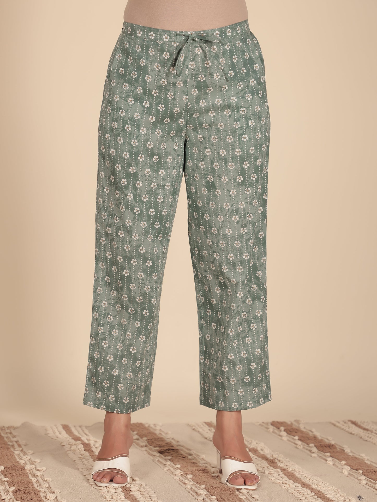 Soft Cotton Floral Green Straight Trousers