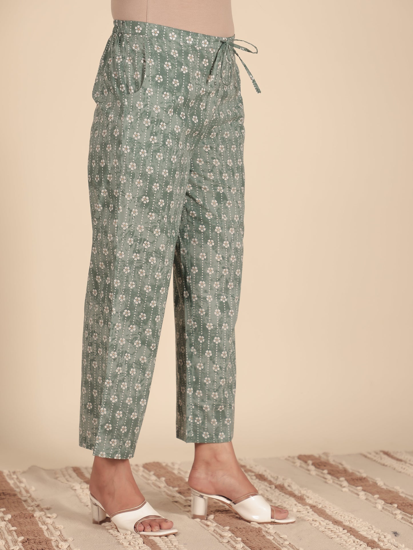 Soft Cotton Floral Green Straight Trousers