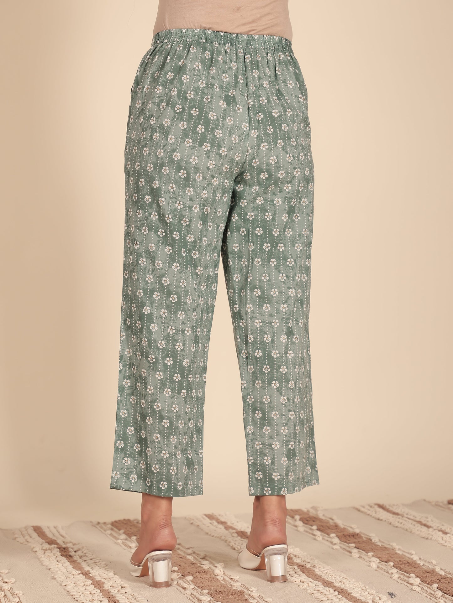 Soft Cotton Floral Green Straight Trousers