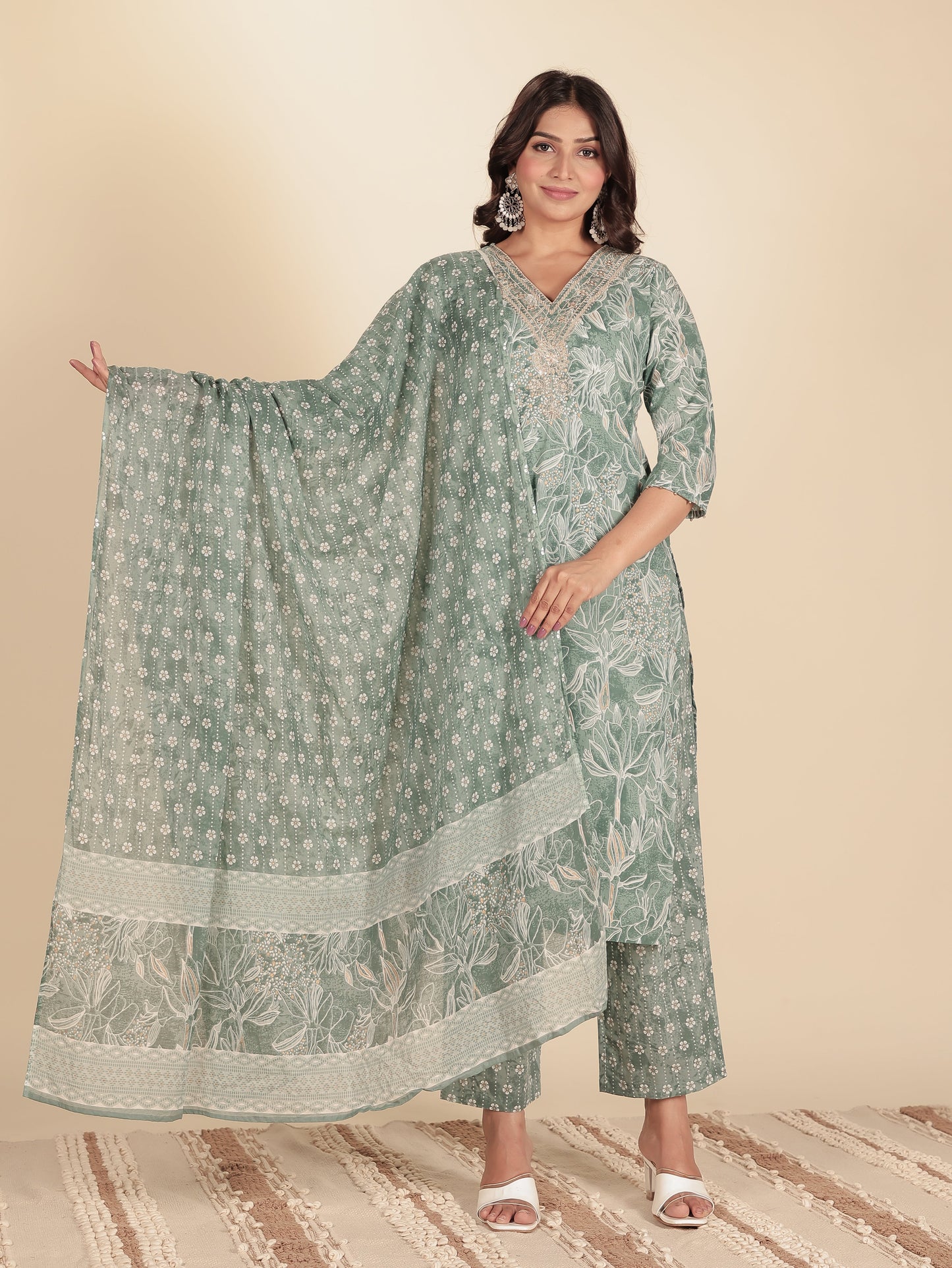 Voile Cotton Floral Green Dupatta
