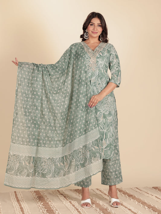 Voile Cotton Floral Green Dupatta
