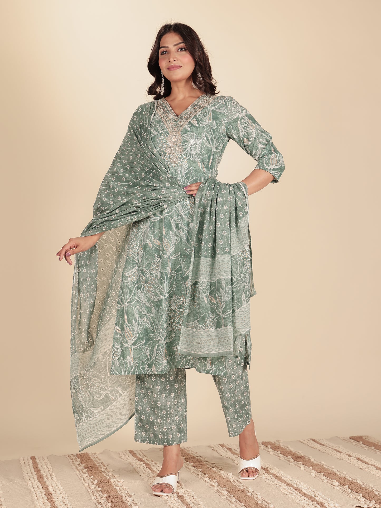Voile Cotton Floral Green Dupatta