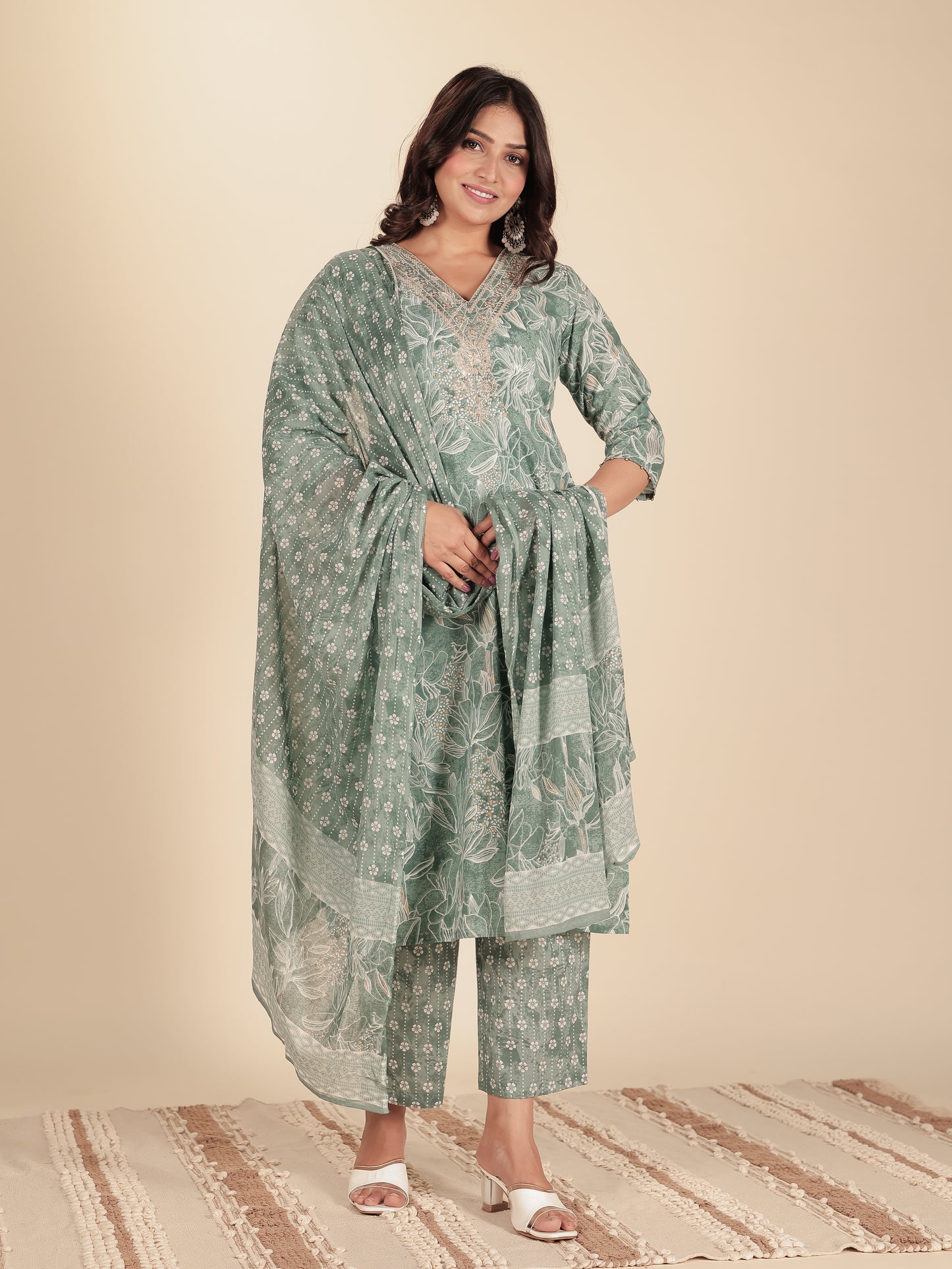 Voile Cotton Floral Green Dupatta