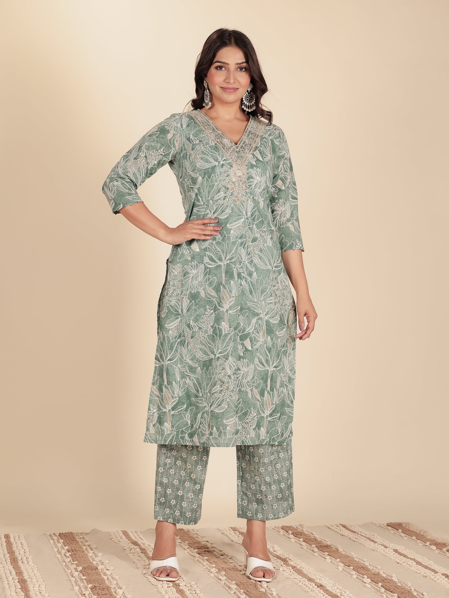 Soft Cotton Floral Straight Green Kurta