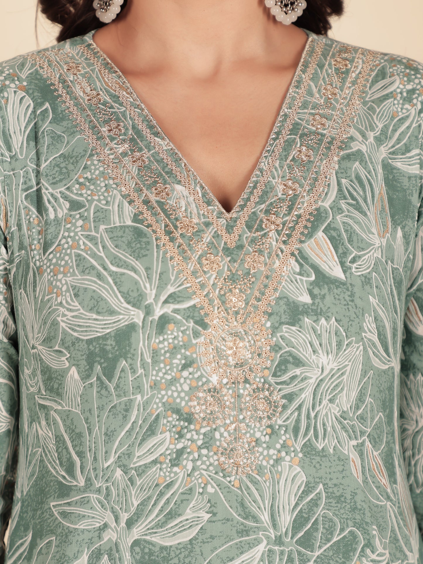 Soft Cotton Floral Straight Green Kurta