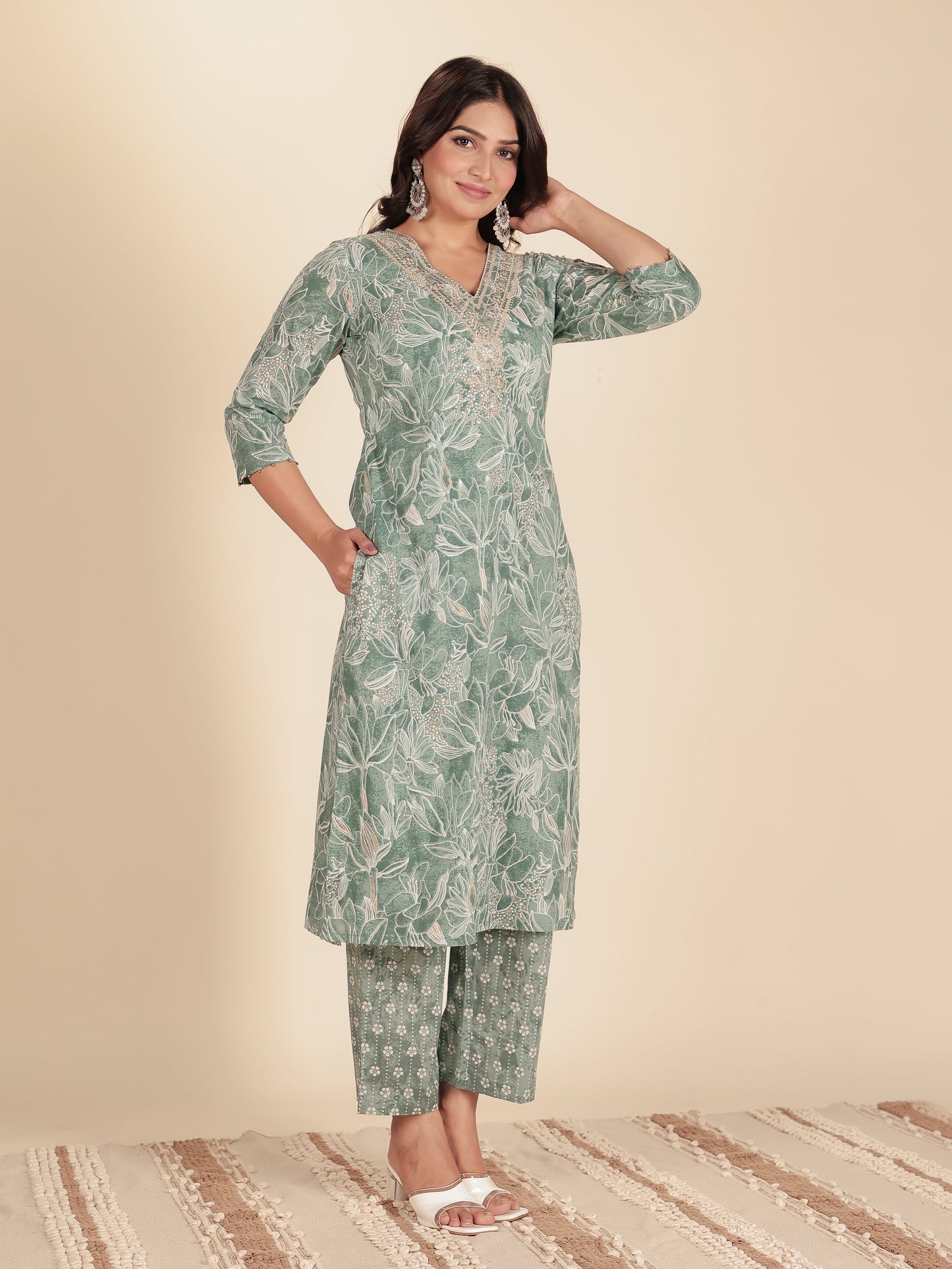 Soft Cotton Floral Straight Green Kurta