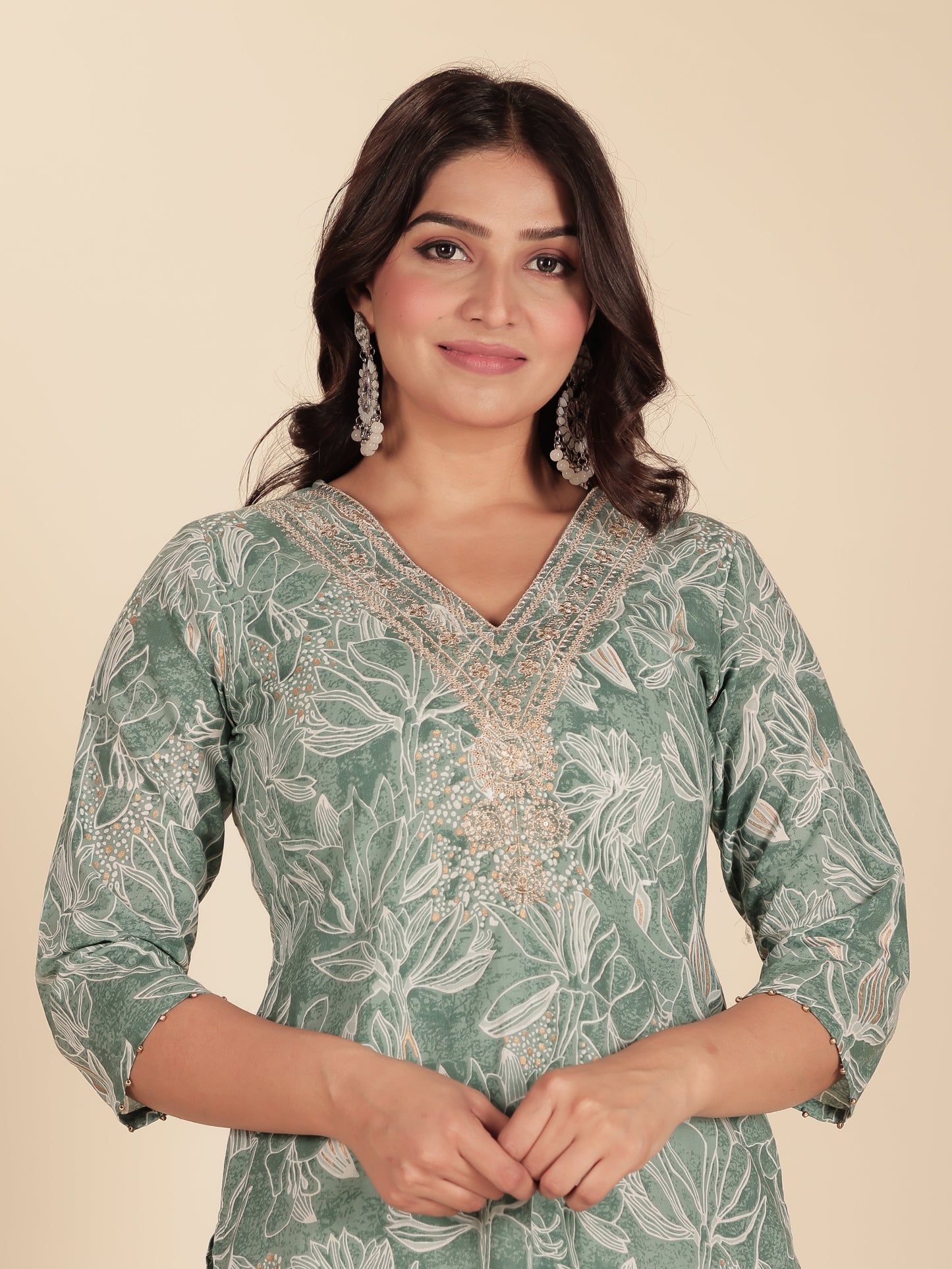Soft Cotton Floral Straight Green Kurta