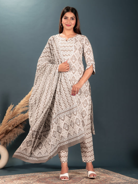 Voile Cotton Geometric Grey Dupatta