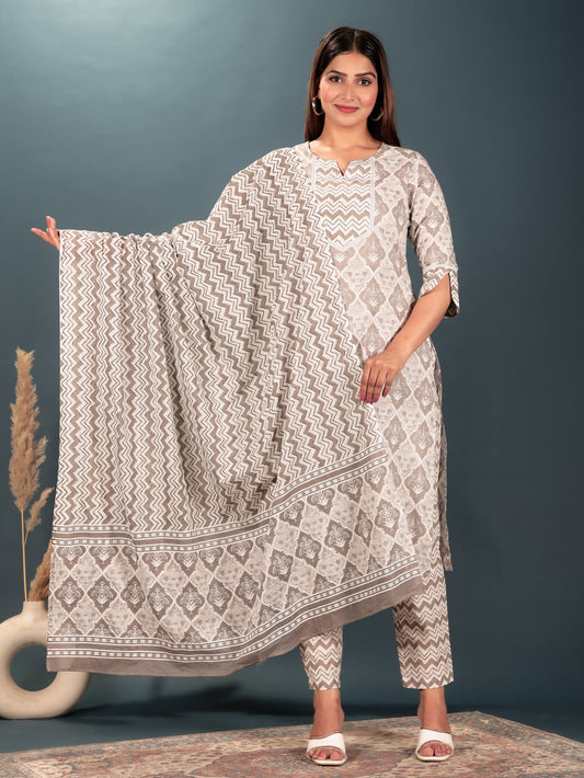Soft Cotton Geometric Straight Grey Kurta