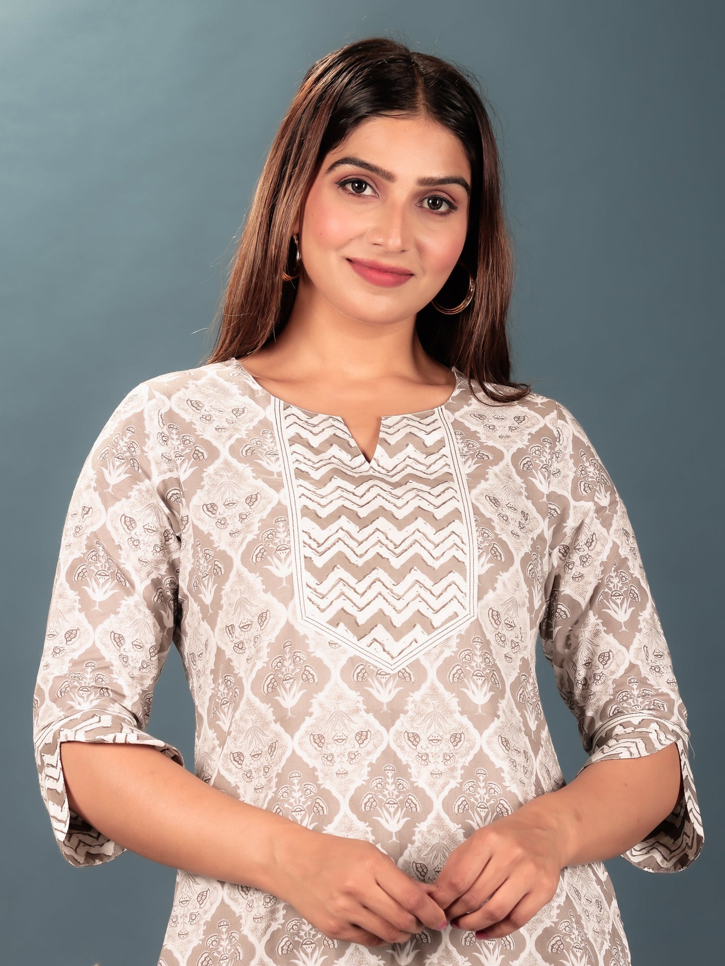 Soft Cotton Geometric Straight Grey Kurta