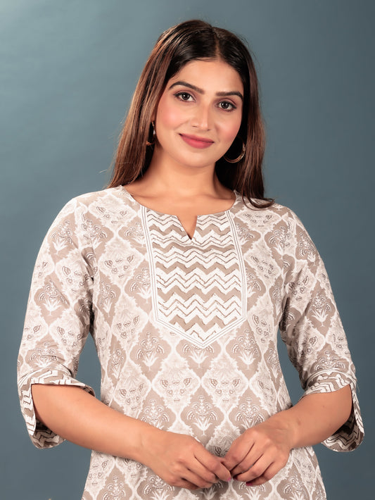 Soft Cotton Geometric Straight Grey Kurta