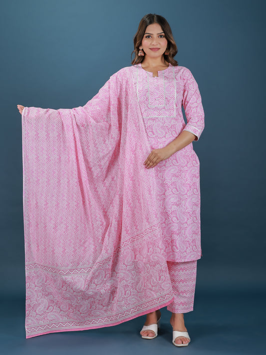 Soft Cotton Paisley Straight Pink Kurta