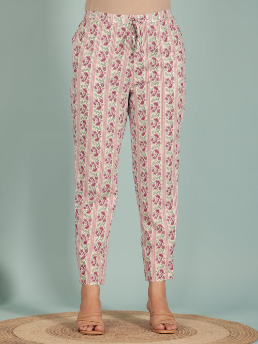 Soft Cotton Striped Beige Tapered Trousers