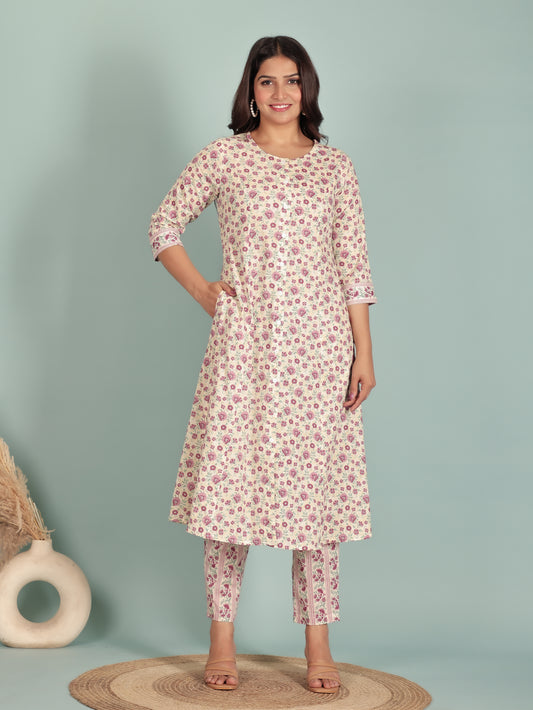 Soft Cotton Floral A-line Beige Kurta