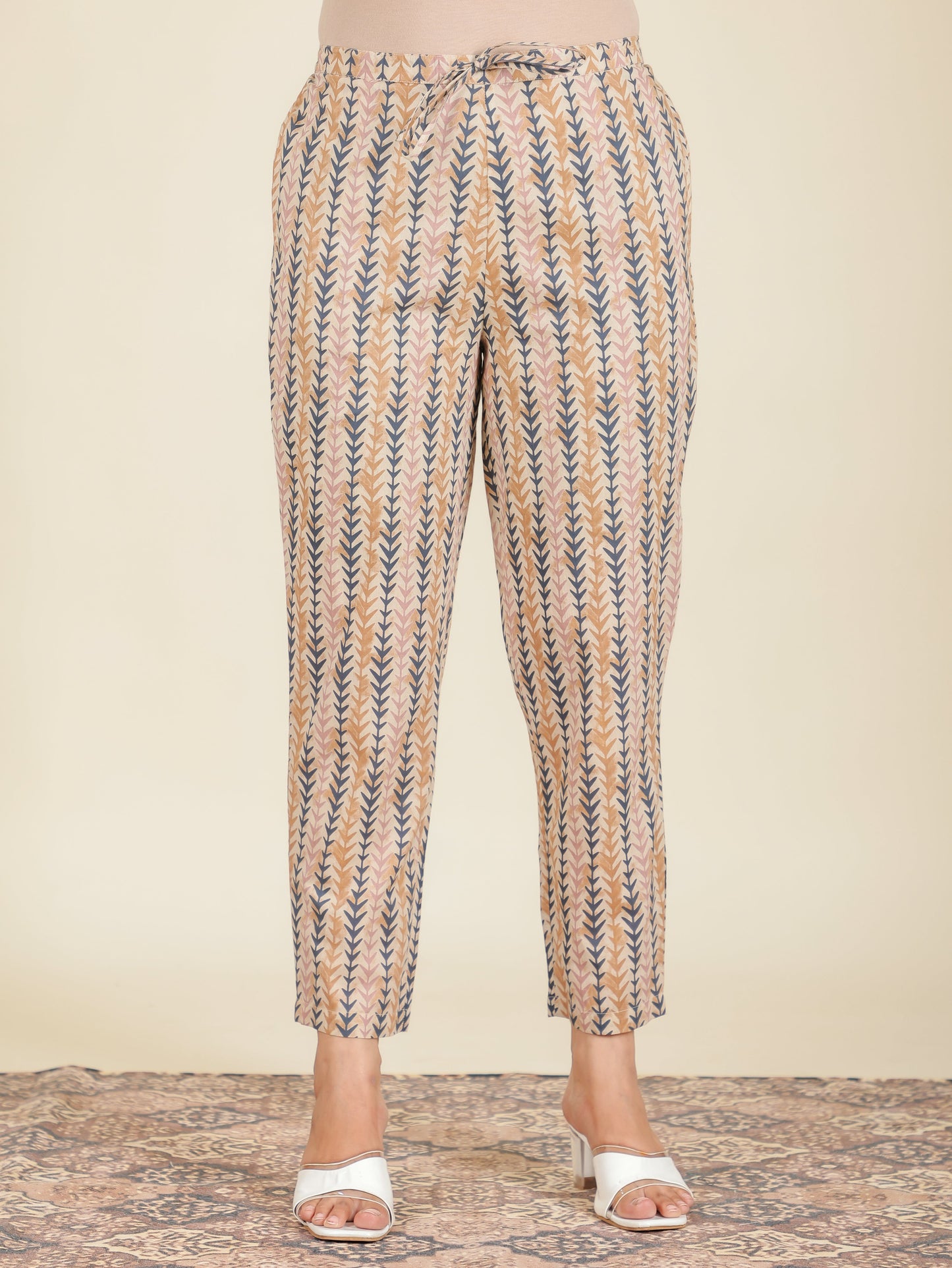 Soft Cotton Striped Beige Tapered Trousers