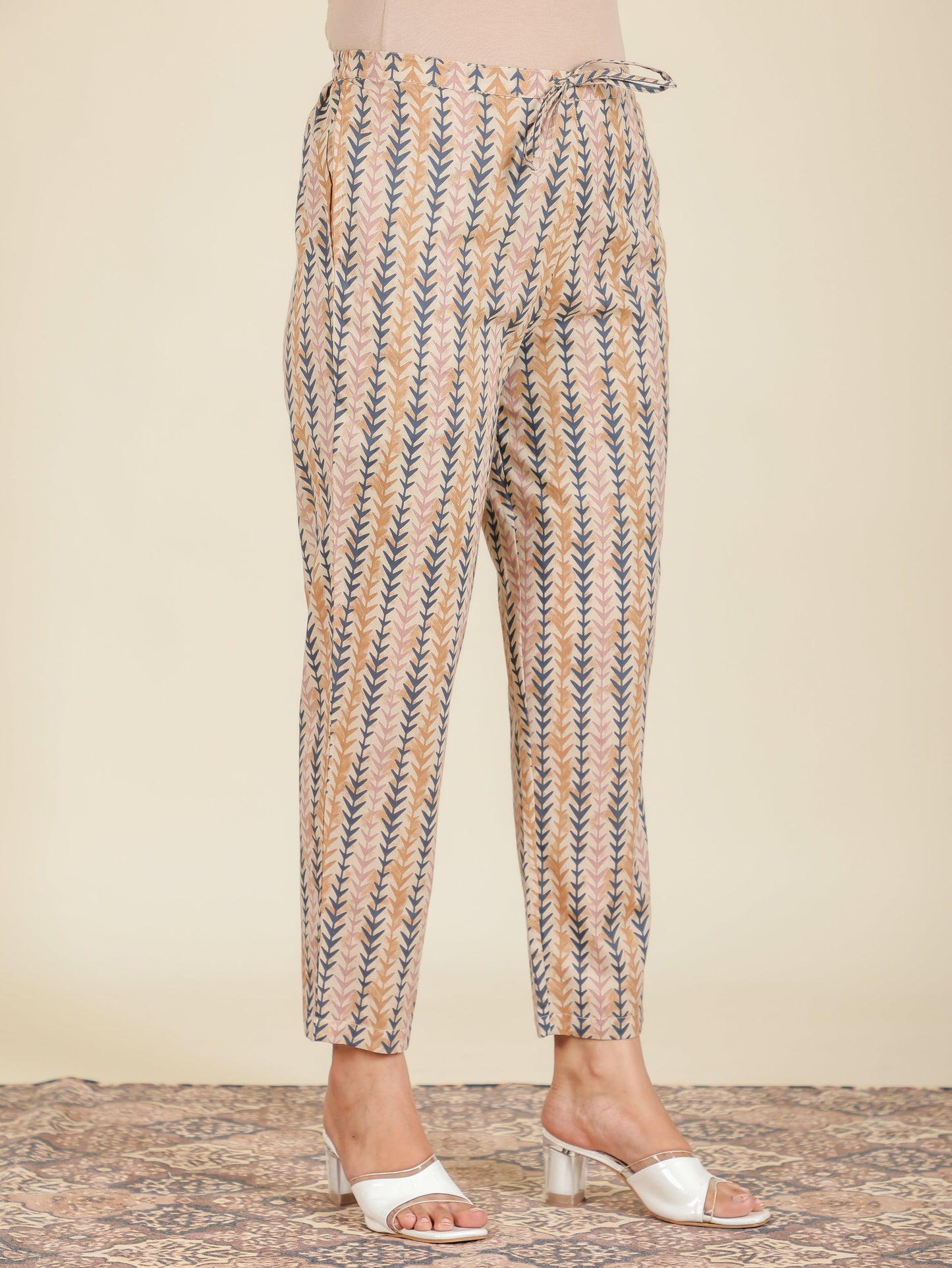 Soft Cotton Striped Beige Tapered Trousers