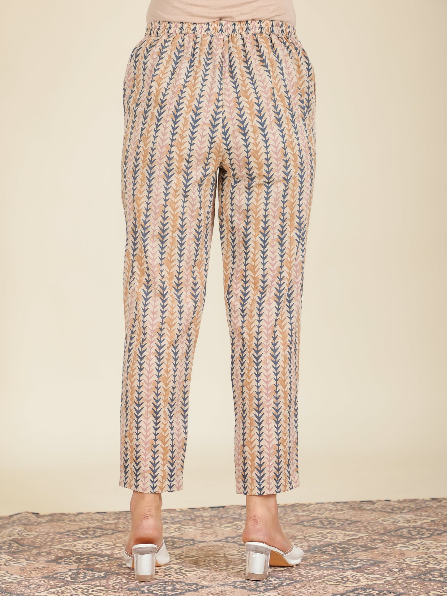 Soft Cotton Striped Beige Tapered Trousers