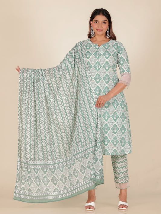 Soft Cotton Geometric A-line Green Kurta