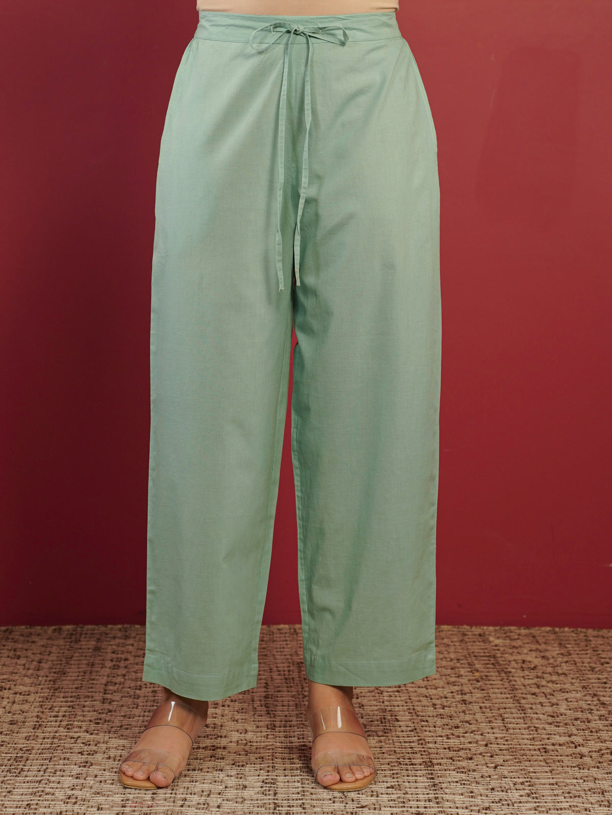 soft cotton solid mint green straight trousers