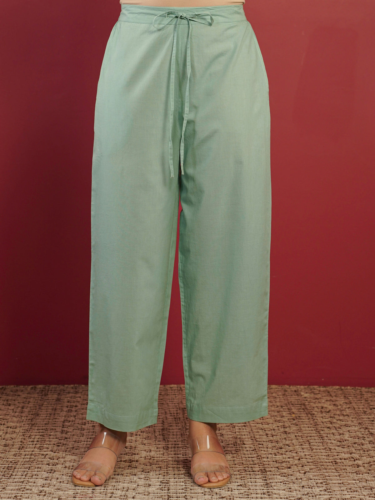 Soft Cotton Solid Mint Green Straight Trousers