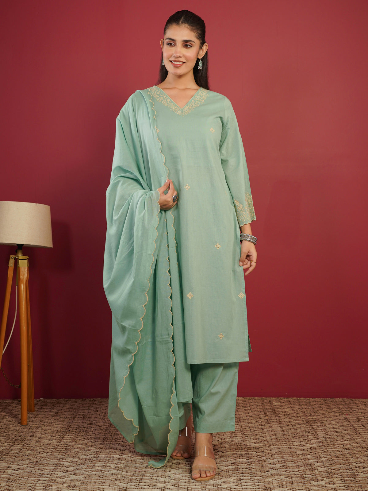 Embroidered cotton voile solid mint green dupatta