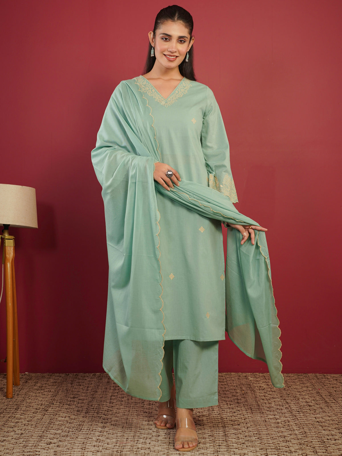 Embroidered cotton voile solid mint green dupatta