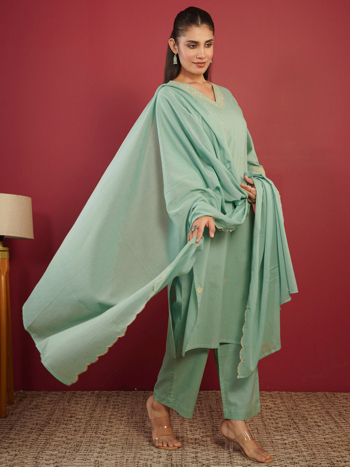 Embroidered cotton voile solid mint green dupatta
