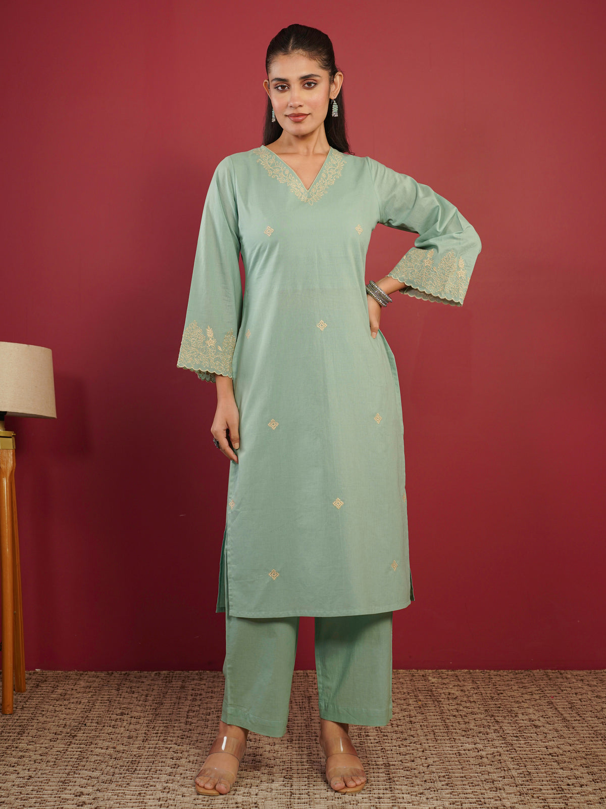 Embroidered soft cotton straight mint green kurta