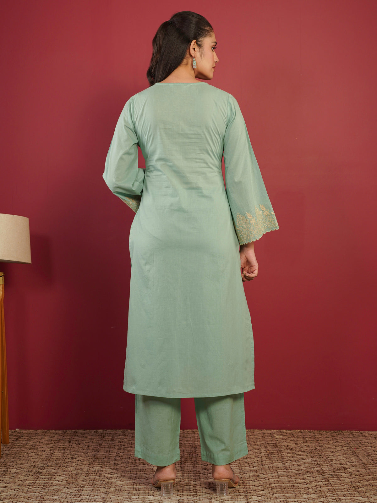 Embroidered soft cotton straight mint green kurta