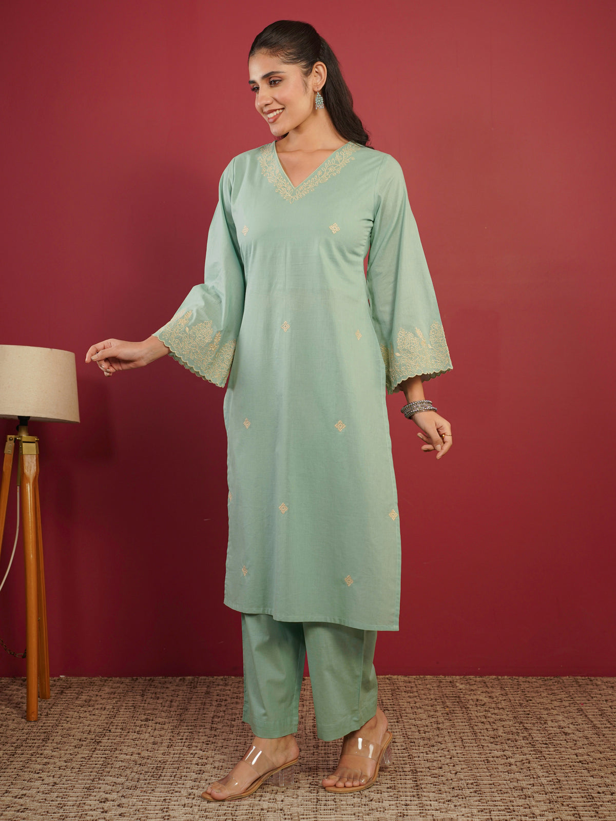 Embroidered soft cotton straight mint green kurta