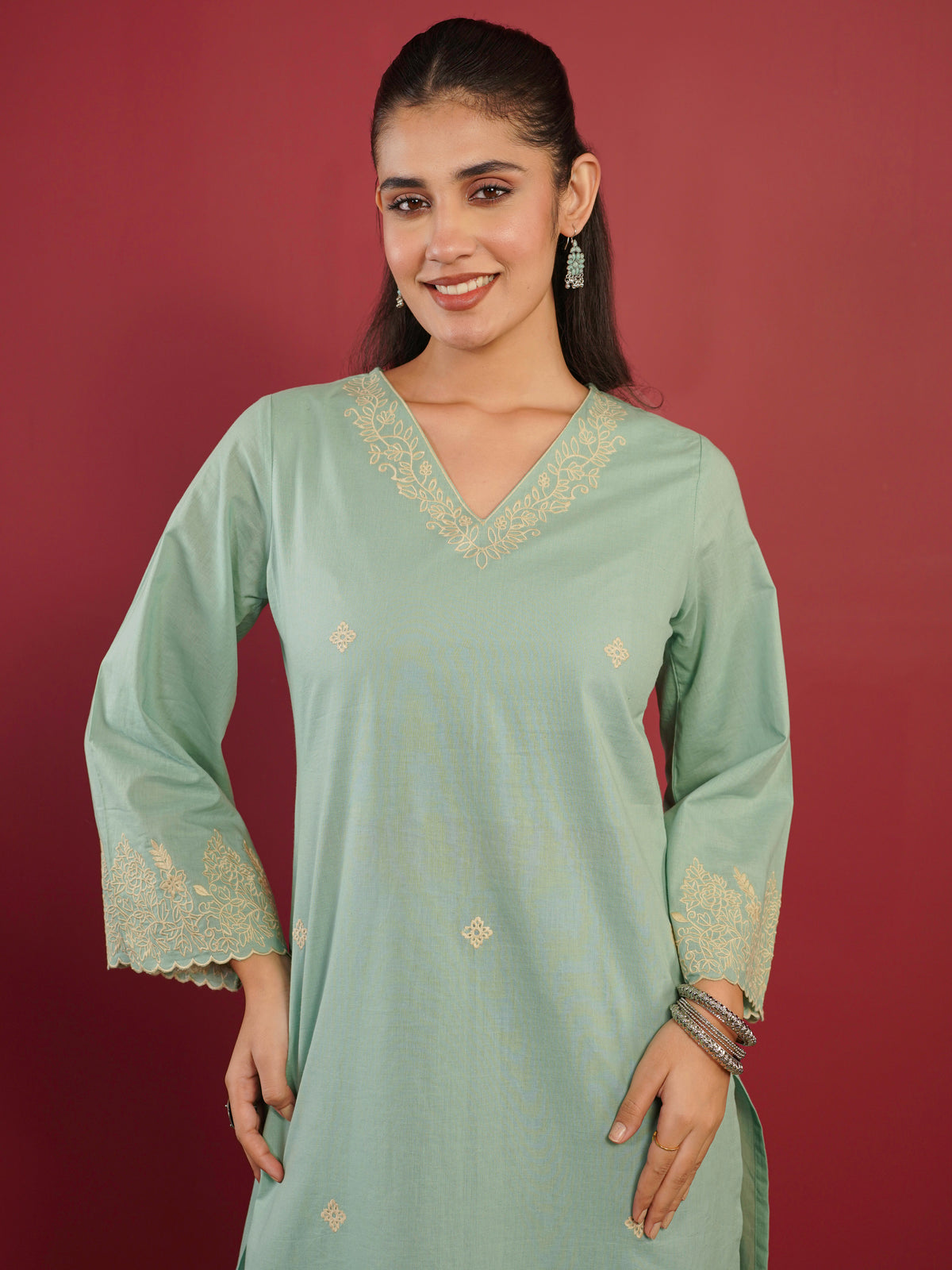 Embroidered soft cotton straight mint green kurta