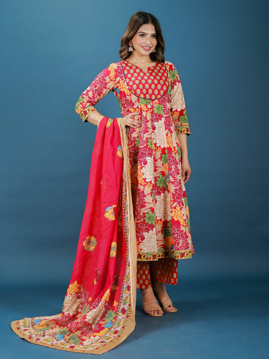 Cotton Voile Floral Red Dupatta