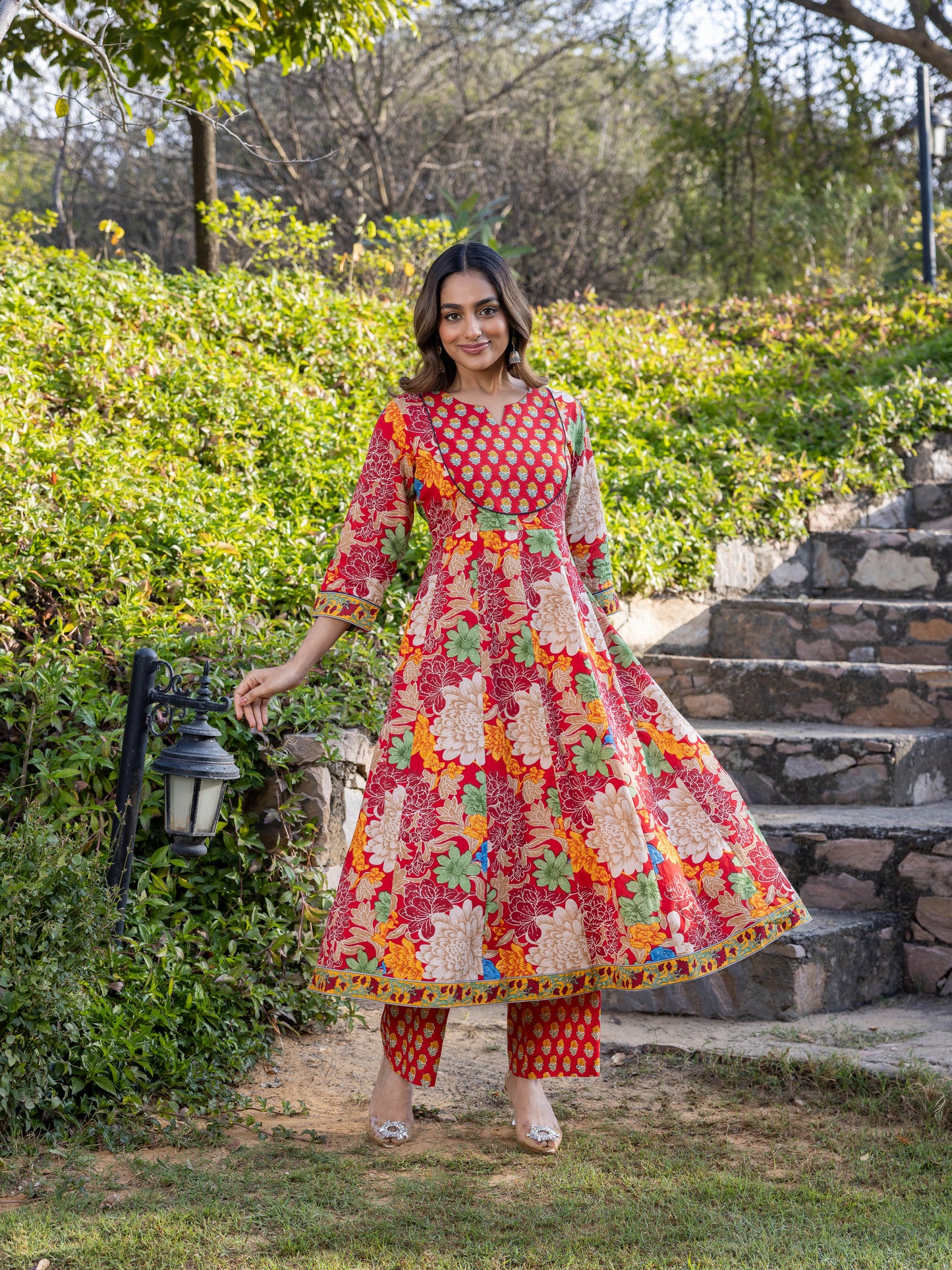 Embroidered Soft Cotton Floral Anarkali Red Kurta
