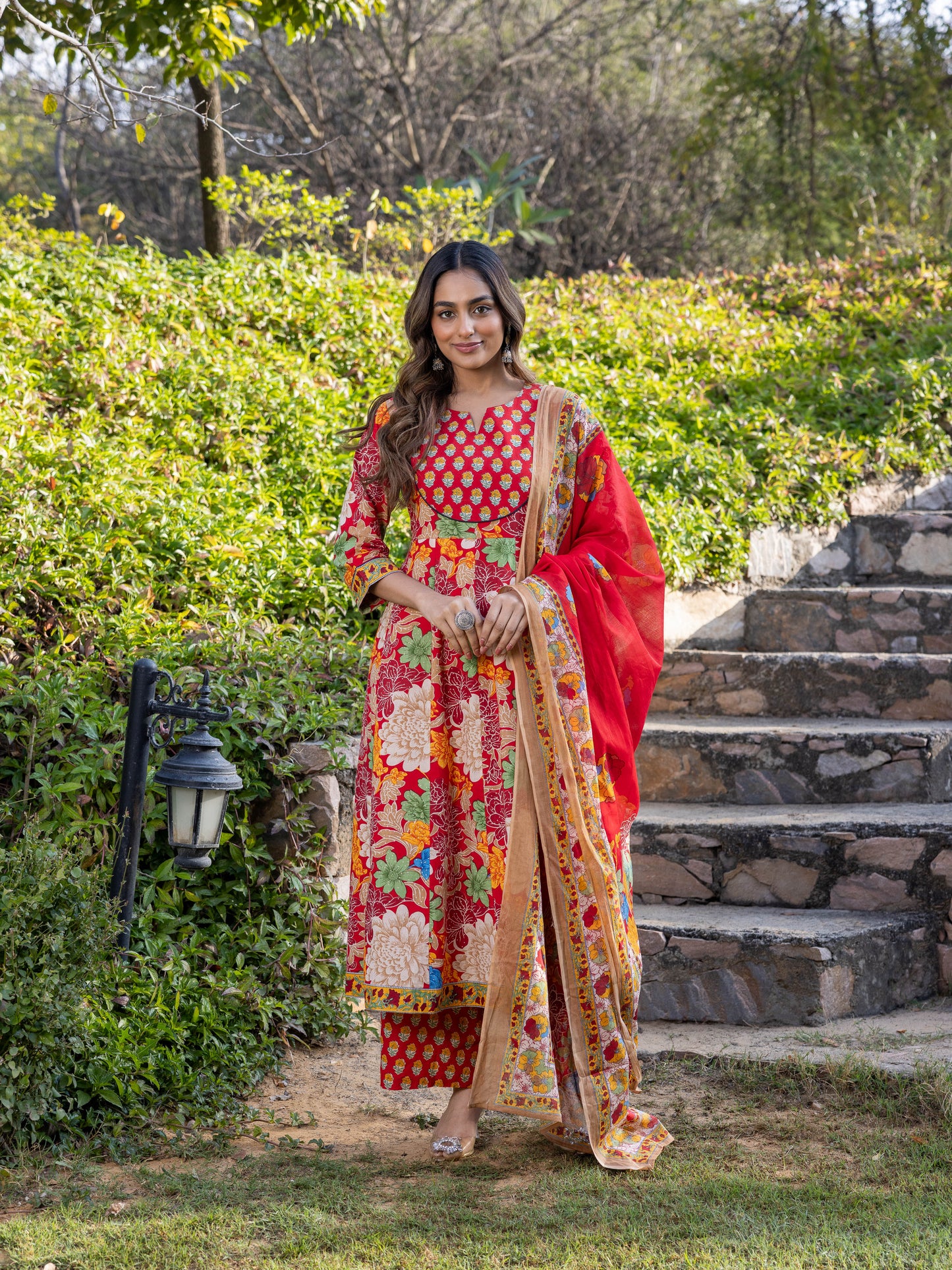 Embroidered Soft Cotton Floral Anarkali Red Kurta