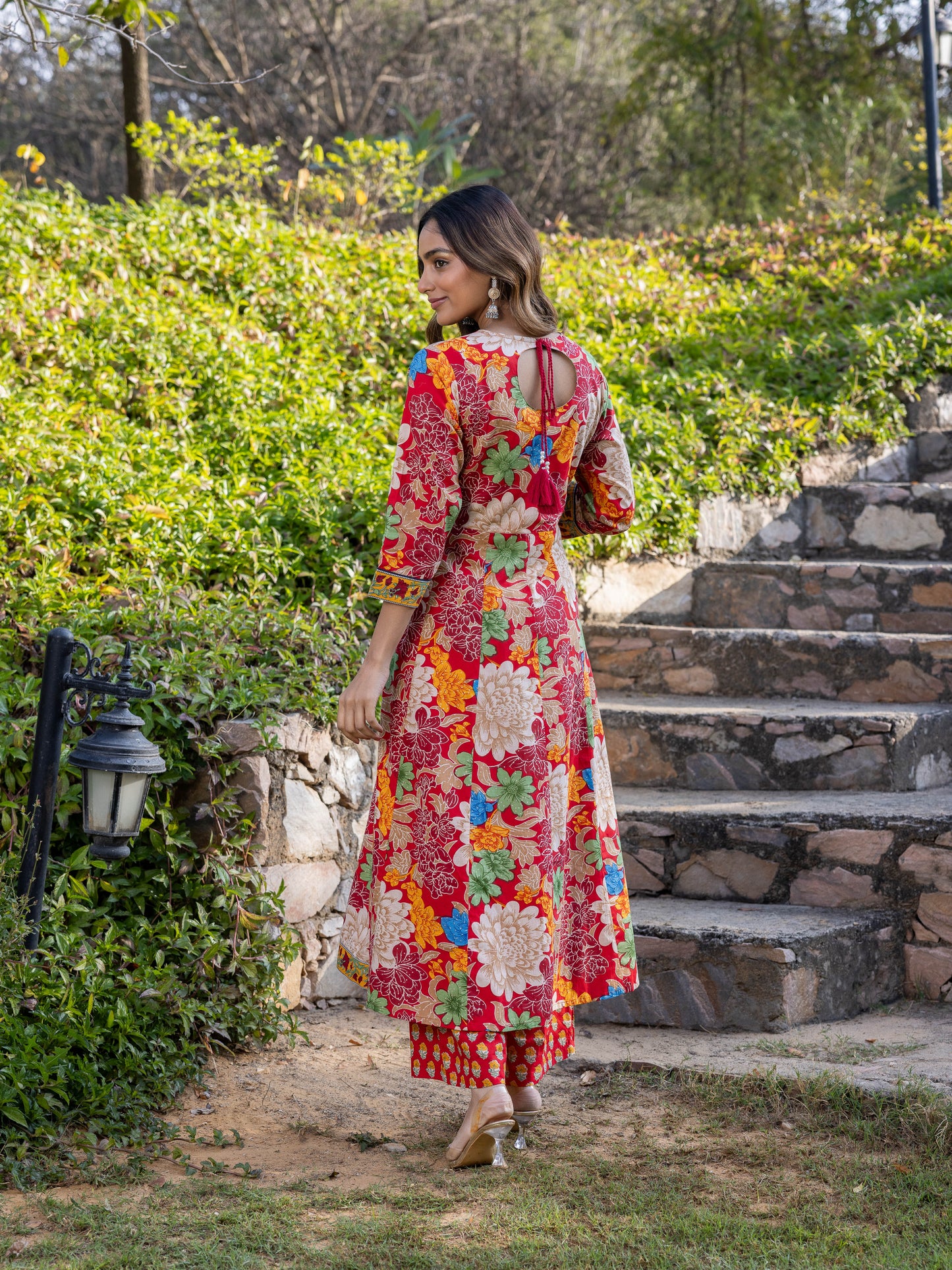 Embroidered Soft Cotton Floral Anarkali Red Kurta