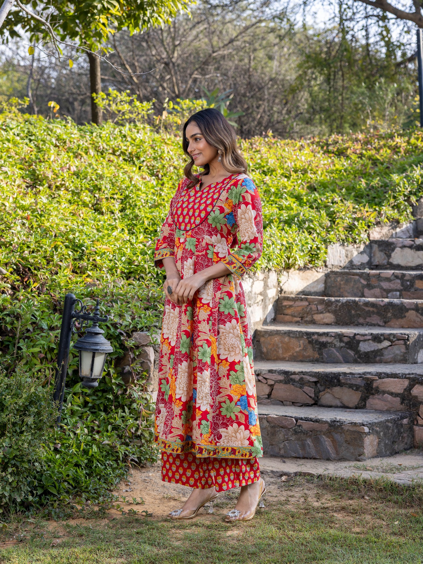 Embroidered Soft Cotton Floral Anarkali Red Kurta