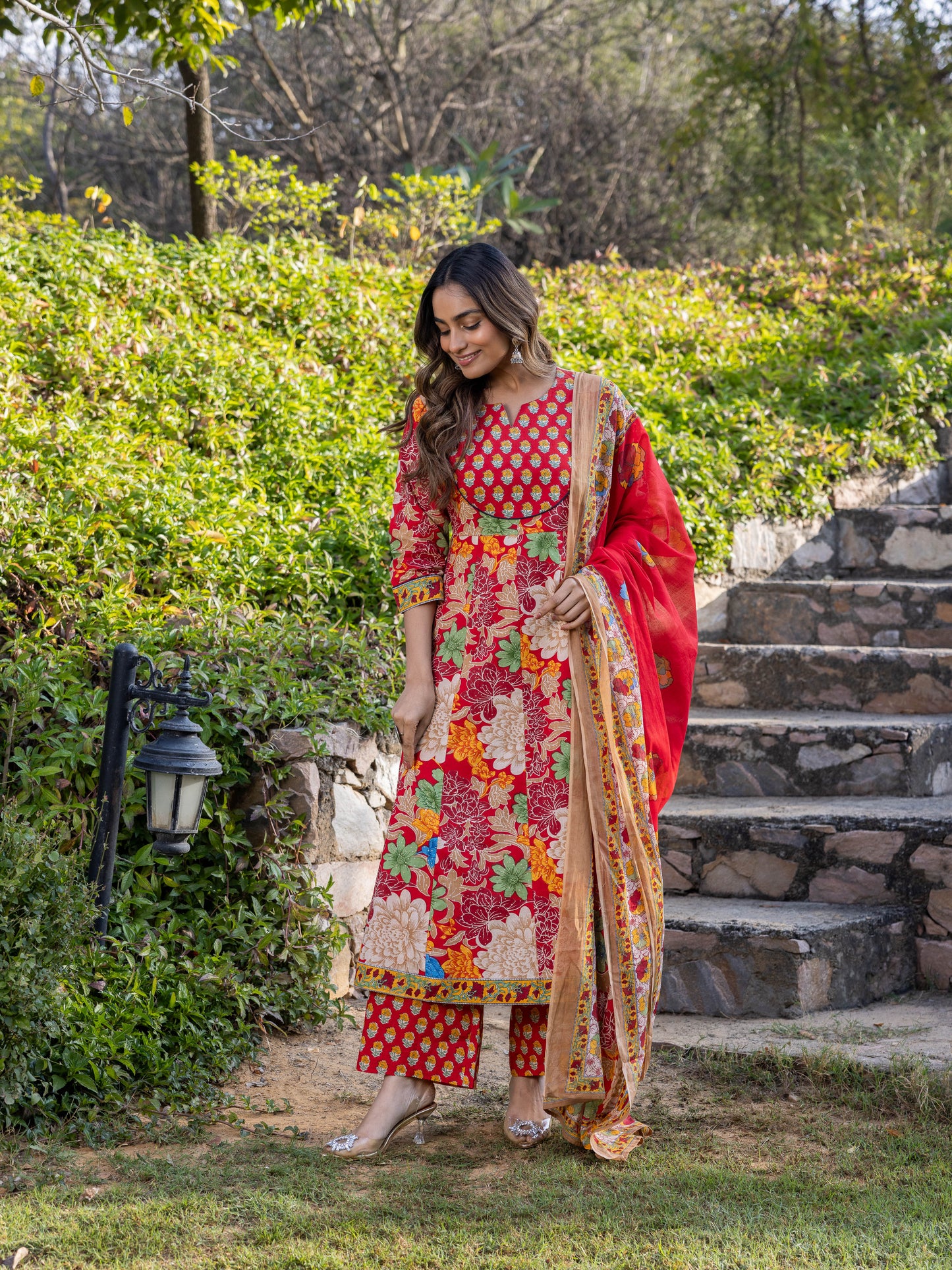 Embroidered Soft Cotton Floral Anarkali Red Kurta