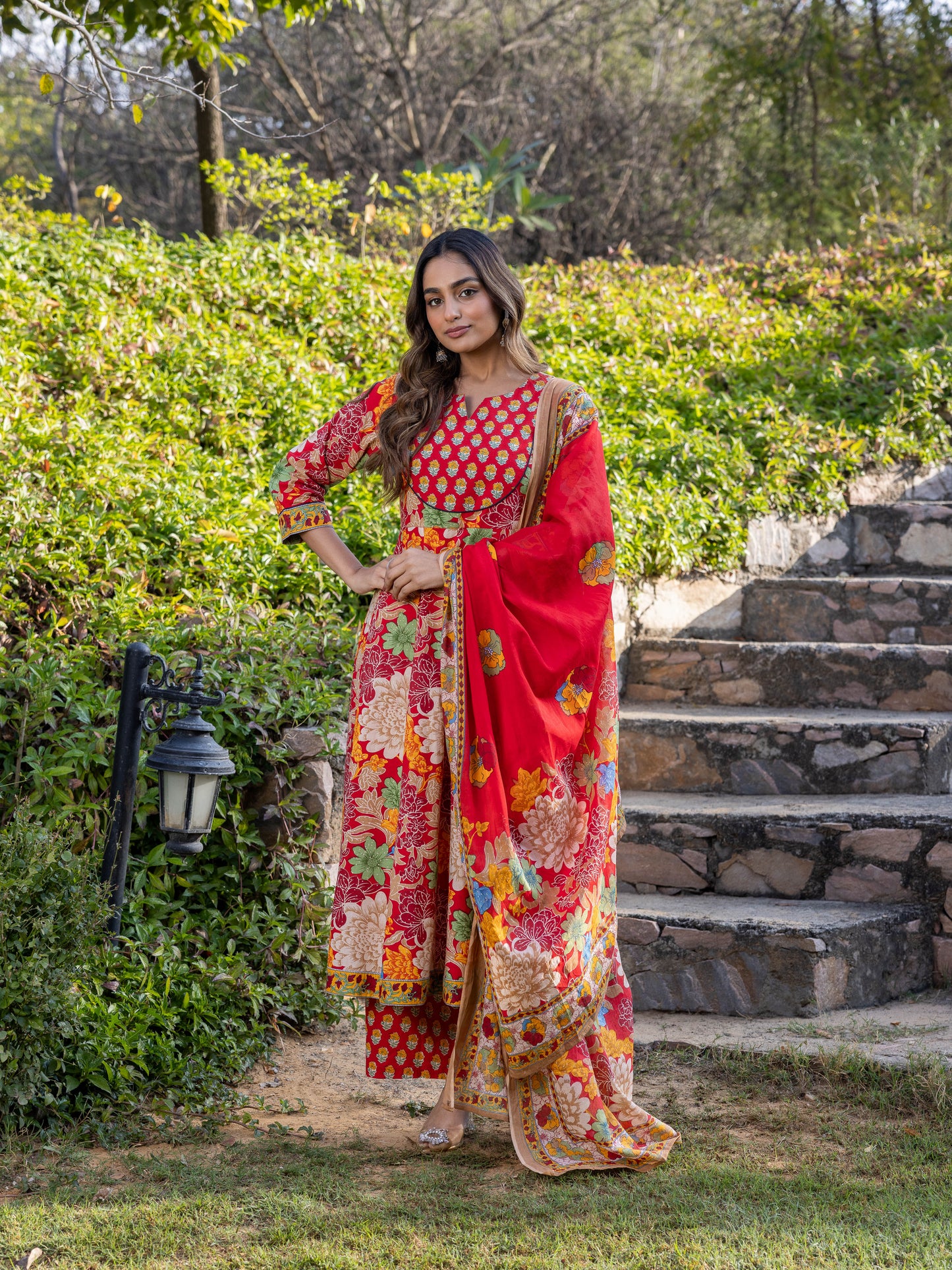 Embroidered Soft Cotton Floral Anarkali Red Kurta