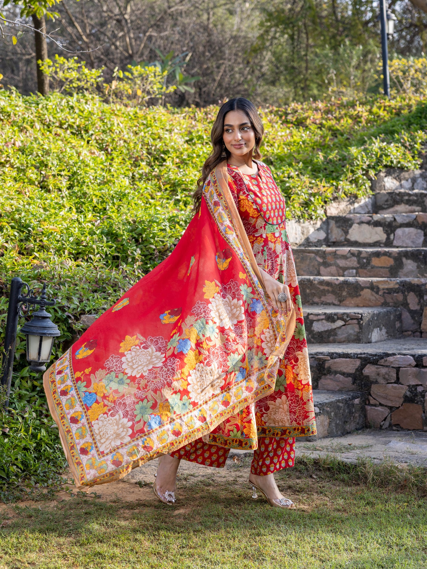 Embroidered Soft Cotton Floral Anarkali Red Kurta
