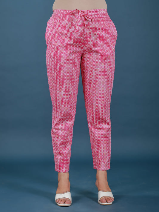 Soft Cotton Geometric Pink Tapered Trousers