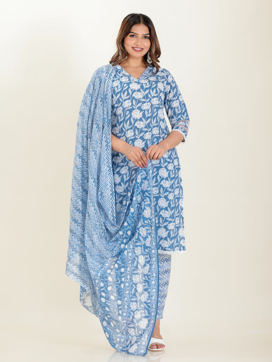 Soft Cotton Floral Straight Blue Kurta