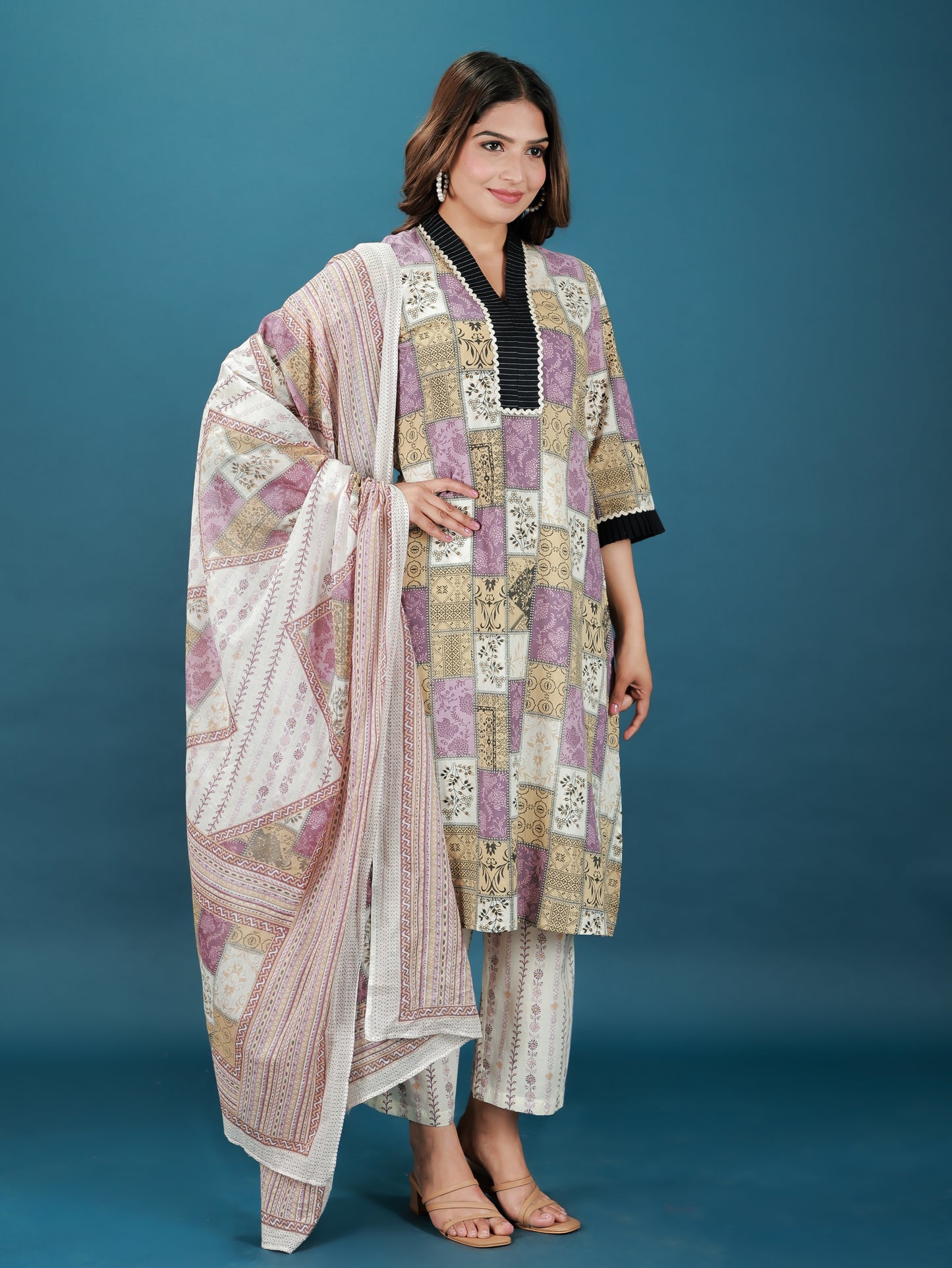 Voile Cotton Patchwork Purple Dupatta