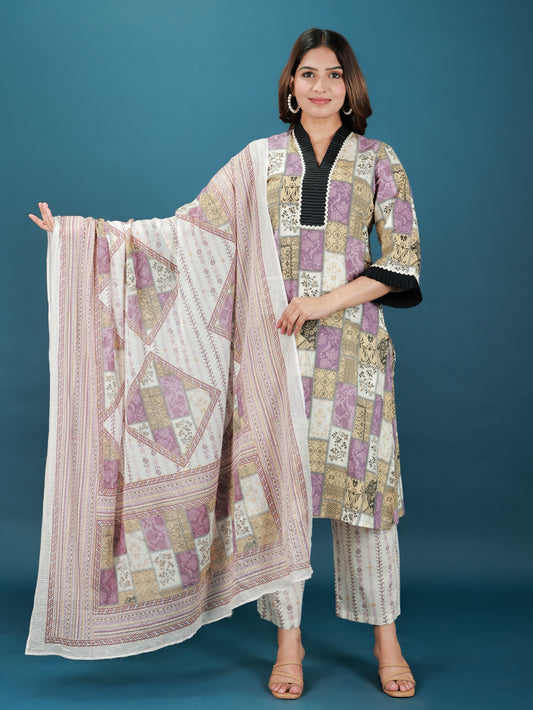 Soft Cotton Patchwork Straight Purple Kurta