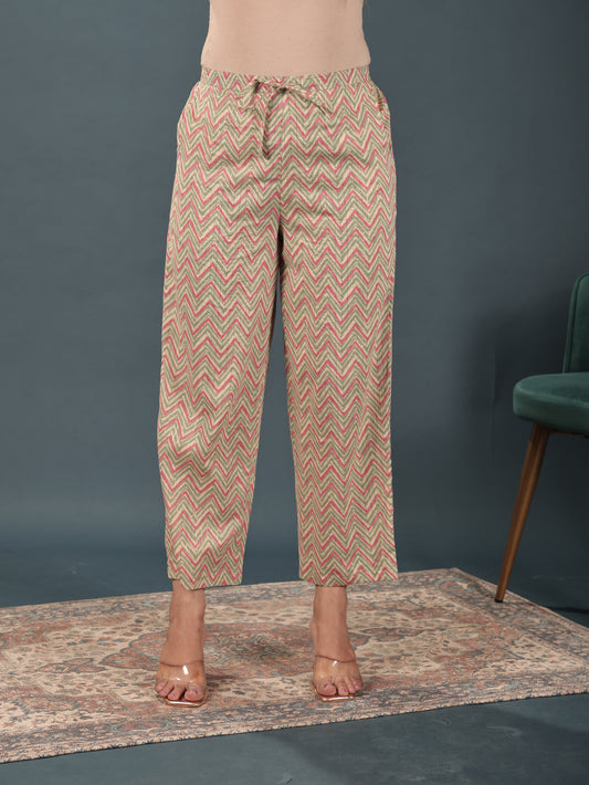 Lurex Cotton Chevron Green Straight Trousers