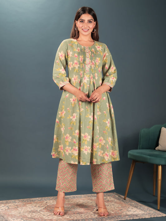Lurex Cotton Floral A-line Green Kurta